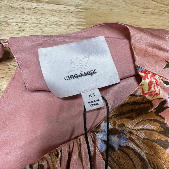 Cinq a Sept NWT Pascale Silk Top Floral Pink Size XS Elastic Cuff Front Hem Tie - Picture 6 of 12